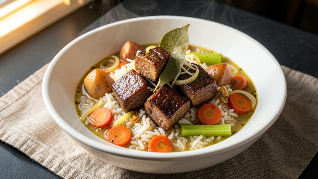 Beef Vegetable Rice Soup Recipe: Savory Beef and Steamed Veggie Harmony