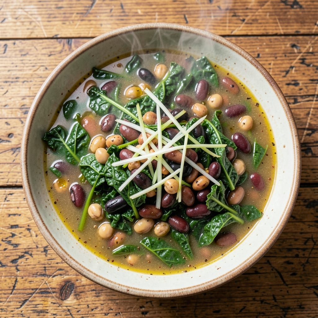 15 Bean Soup With Greens Recipe: Slow-Simmered Pantry Potluck with Crispy Greens Topping