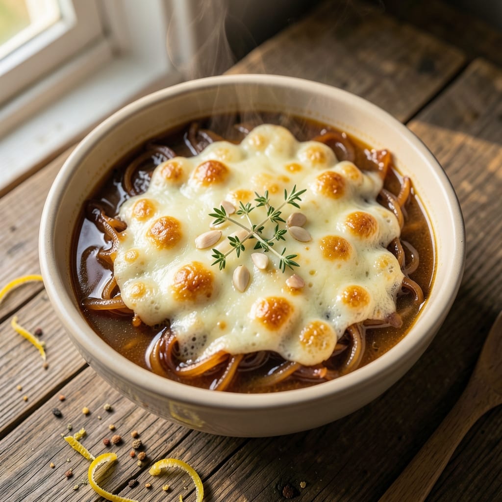 Alcohol-Free French Onion Soup Recipe: Caramelized Onions and Gruyère Crisp
