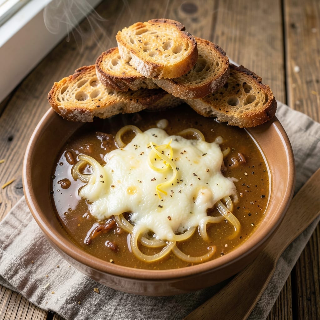 99 Restaurant French Onion Soup Recipe: Crispy Bread Crown and Melty Gruyère Magic