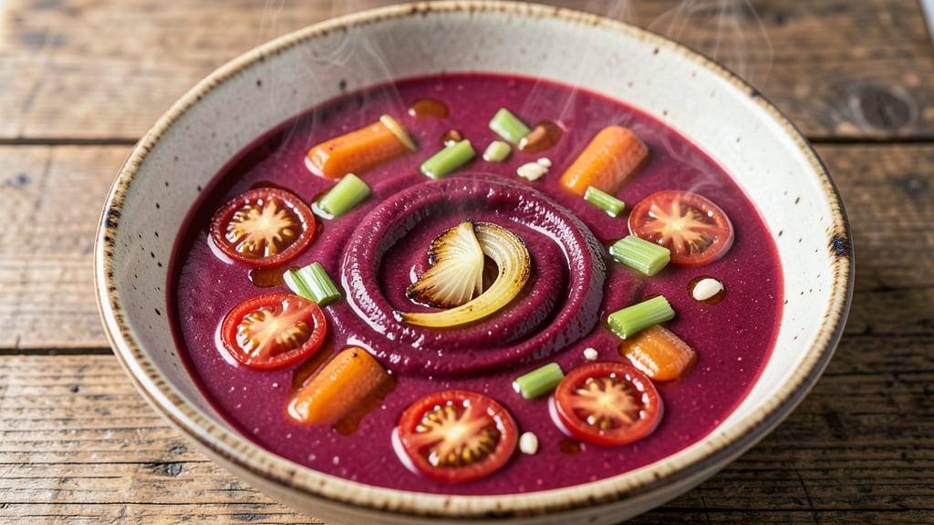 Beetroot Carrot Tomato Soup Recipe: Earthy-Sweet Triad With Crispy Celery Crowns
