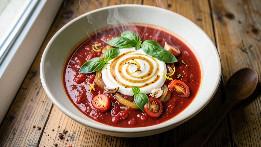 Bella Notte Tomato Basil Soup Recipe: Homemade Pasta Twirls and Fresh Herb Swirls