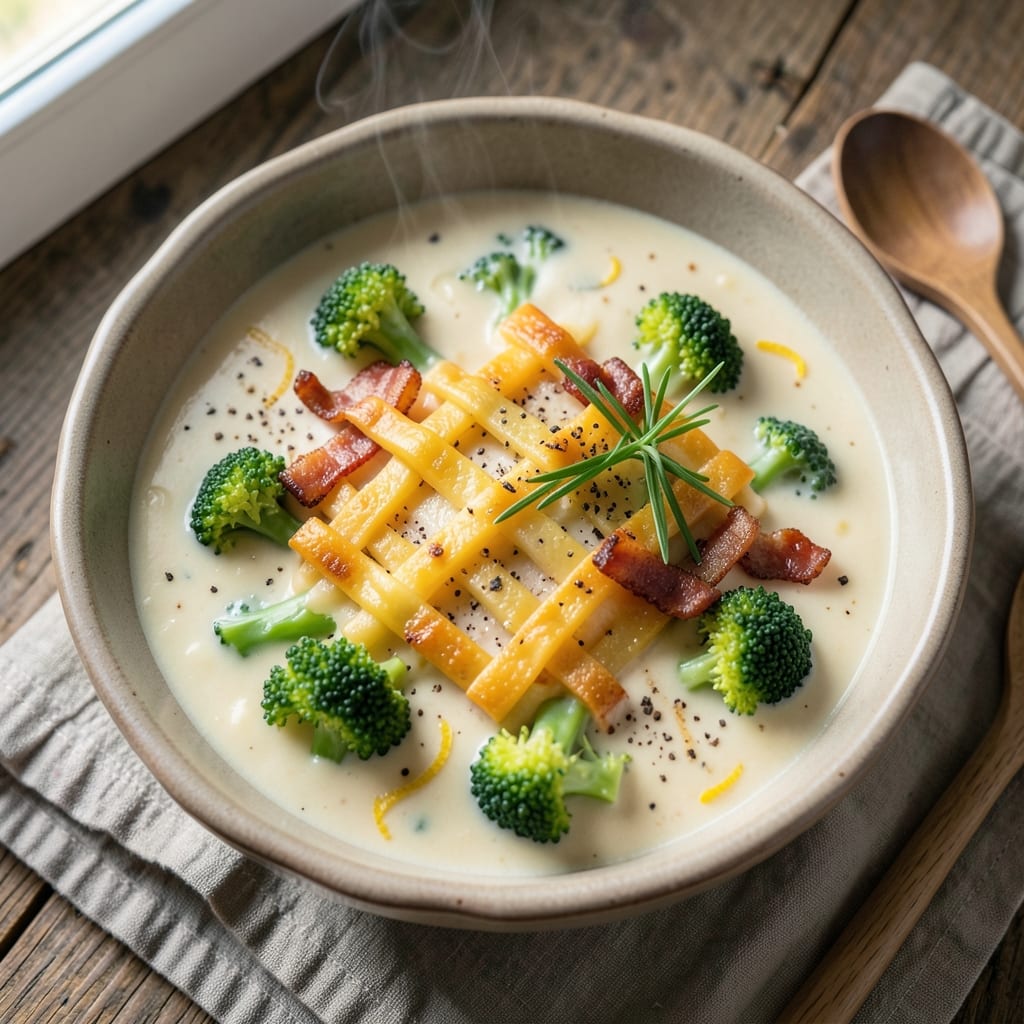 Almost Famous Broccoli Cheddar Soup Recipe: Velvety Cheese Swirls and Crispy Bacon Topping