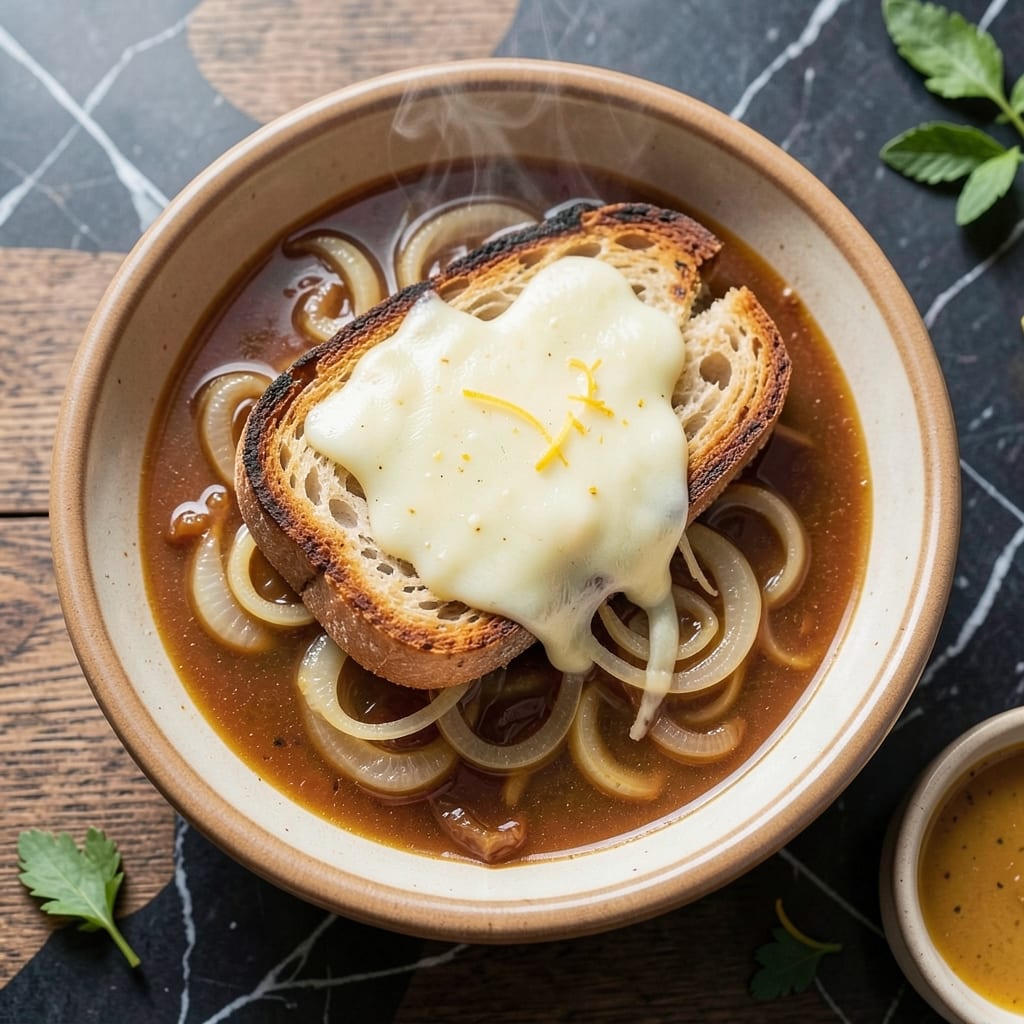99 French Onion Soup Recipe: Crispy Bread Crust and Melty Emmental Magic