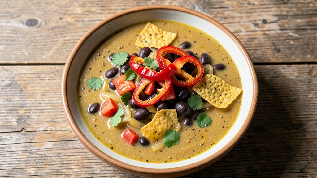 Authentic Vegetarian Tortilla Soup Recipe: Crispy Corn Tortilla Strips Over Smoky Black Bean Broth